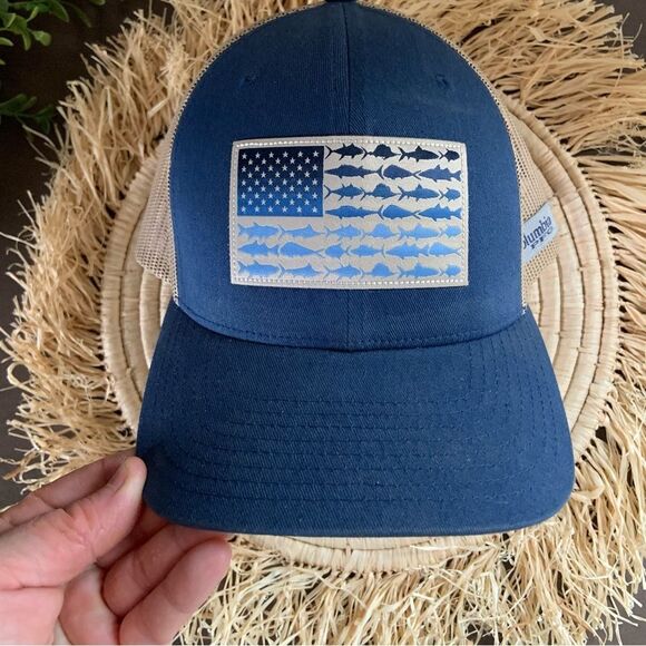 COLUMBIA Men’s PFG Mesh Snapback Fish Flag Hat Carbon/Ancient Fossil Blue Tan OS - Picture 3 of 16